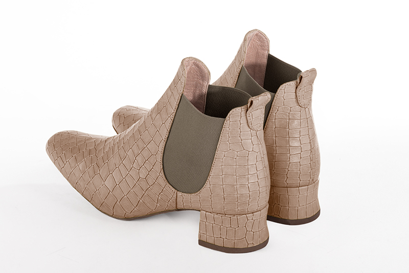 Powder pink and bronze beige women's ankle boots with buckles. Square toe. Low flare heels. Rear view - Florence KOOIJMAN